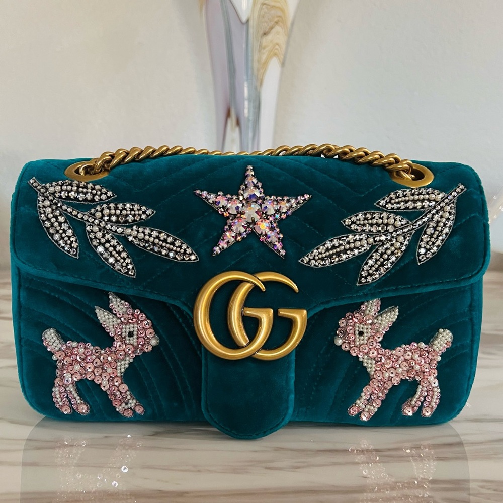 Gucci Marmont Teal Velvet Embellished Limited Editiom Bag Chain Deer